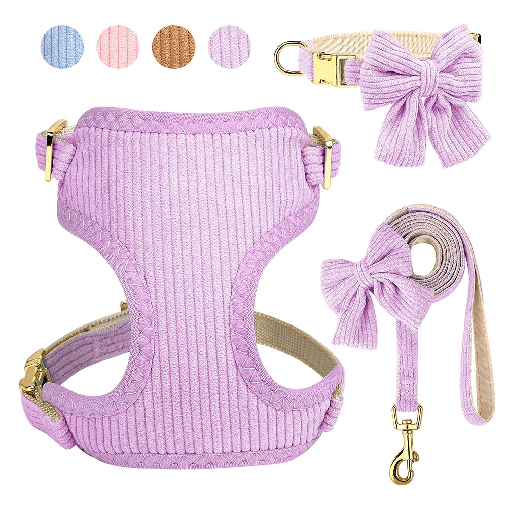 Velvet Harness Collar Leash Set with Bowtie