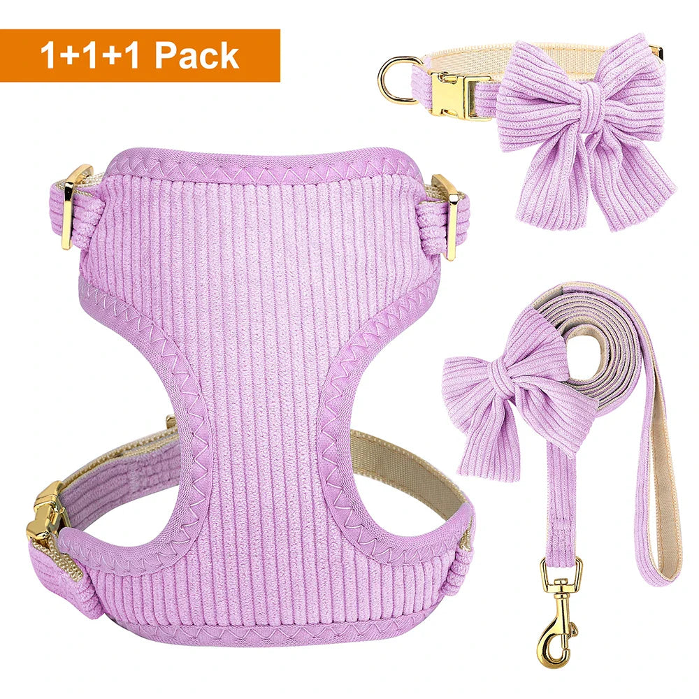 Velvet Harness Collar Leash Set with Bowtie